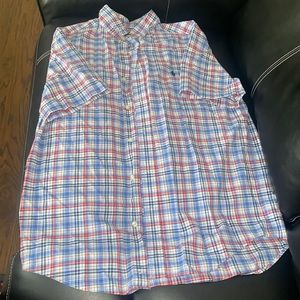 Blue and red strip short-sleeved button down shirt